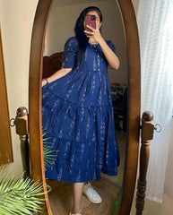 Blue Ikat Cotton Flair Middy Gown For Women