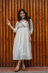 Off White Cotton Kurti/ Dress With Floral Embroidery And Crochet Lace Detailings