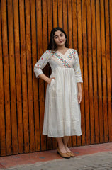 Off White Cotton Kurti/ Dress With Floral Embroidery And Crochet Lace Detailings