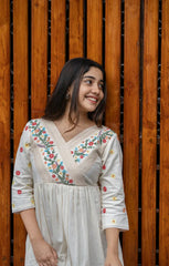 Off White Cotton Kurti/ Dress With Floral Embroidery And Crochet Lace Detailings
