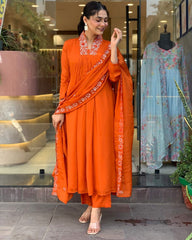 Orange Beautiful Cotton Fabric Kurti Pant With Malmal Dupatta
