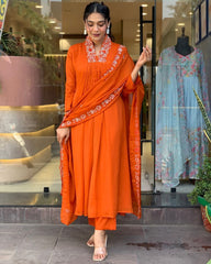 Orange Beautiful Cotton Fabric Kurti Pant With Malmal Dupatta
