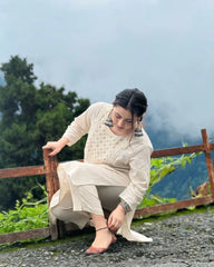 Off White Embroidered Cotton Kurta And Pant Set