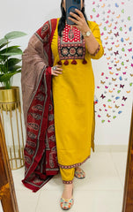 Charming Mustard Yellow Kurta Set With Ajrak Dupatta