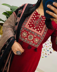 Traditional Red Kurta Set With Ajrak Dupatta