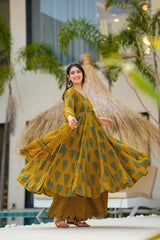 Mustard Green Elegant Ethnic Ensemble With Leaf Motif