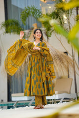 Mustard Green Elegant Ethnic Ensemble With Leaf Motif