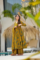 Mustard Green Elegant Ethnic Ensemble With Leaf Motif