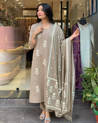 Elegant Taupe Floral Embroidered Cotton Suit Set