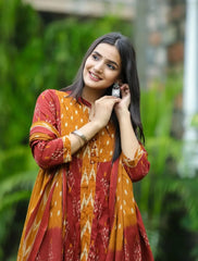 Elegant Maroon & Rust Ikat Print Anarkali Suit Set