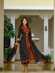 Elegant Black & Rust Ikat Print Anarkali Suit Set