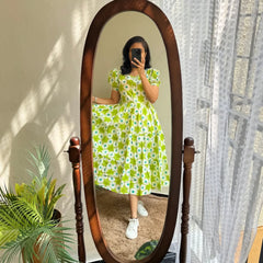 Fresh Lime Green Floral Puff-Sleeve Midi Dress