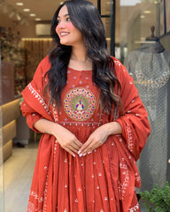 Vibrant Rust Beautiful Anarkali Suit With Embroidered Dupatta