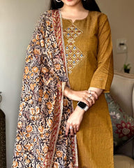 Mustard Brown Embroidered Kurta Set With Floral Dupatta