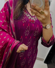 Magenta Ikat Print Suit Set With Dupatta