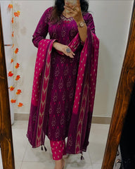 Magenta Ikat Print Suit Set With Dupatta