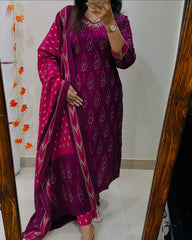 Magenta Ikat Print Suit Set With Dupatta