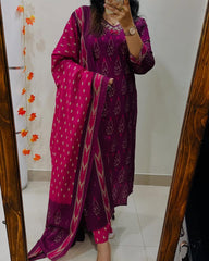 Magenta Ikat Print Suit Set With Dupatta