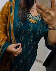 BlBA Premium Ajrak Cotton Suit Set – Teal & Mustard Ikat Print | Kurti, Pant & Dupatta