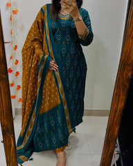 BlBA Premium Ajrak Cotton Suit Set – Teal & Mustard Ikat Print | Kurti, Pant & Dupatta