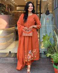 Rust Orange Embroidered Cotton Kurta Set