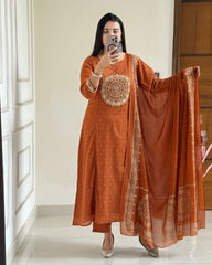 Rust Orange Embroidered Kurta Set with Dupatta