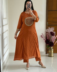 Rust Orange Embroidered Kurta Set with Dupatta