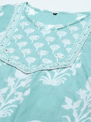 Elegant Sea Green Printed Cotton Kurta Set with Dupatta