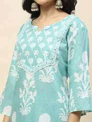Elegant Sea Green Printed Cotton Kurta Set with Dupatta
