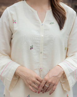 Off White Embroidered Cotton Kurta and Pant Set