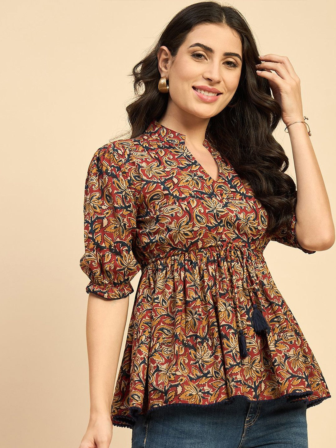 Women Ethnic Printed Mandarin Collar Cotton Top Red Blue