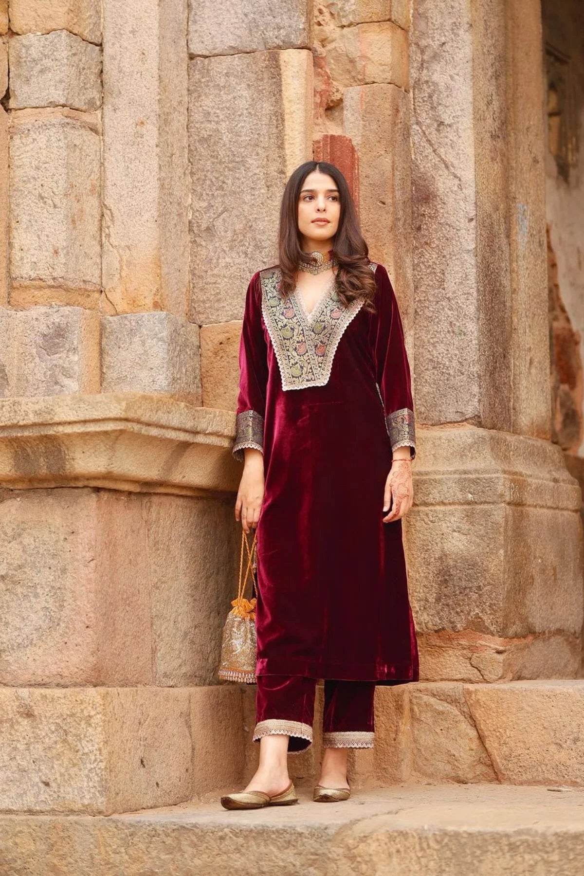 Premium Maroon Velvet Embroidered Kurta Set
