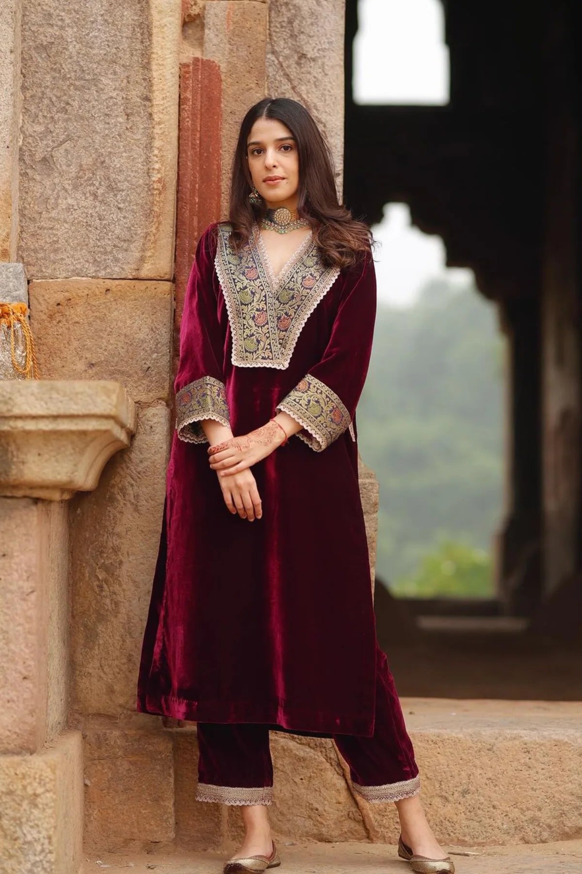 Premium Maroon Velvet Embroidered Kurta Set