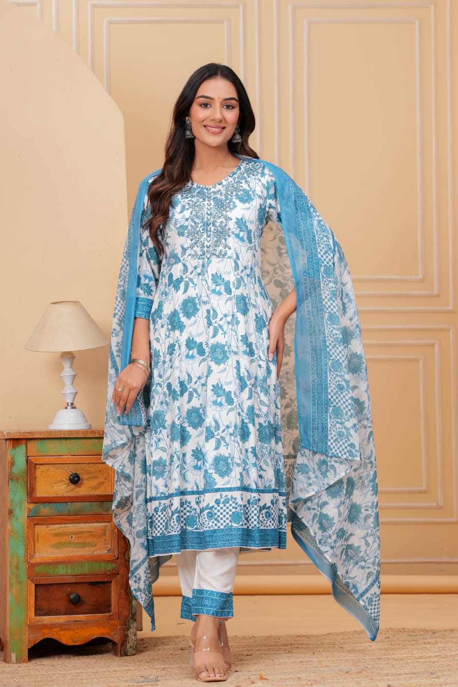 Blue  Embroidered Kurta Set with Dupatta