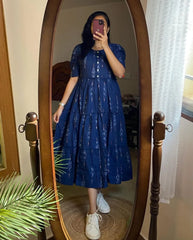 Biba Kurta Blue Ikat Cotton Flair Middy Gown For Women