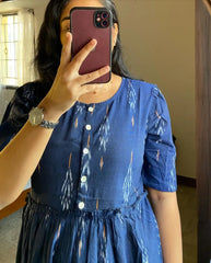 Biba Kurta Blue Ikat Cotton Flair Middy Gown For Women