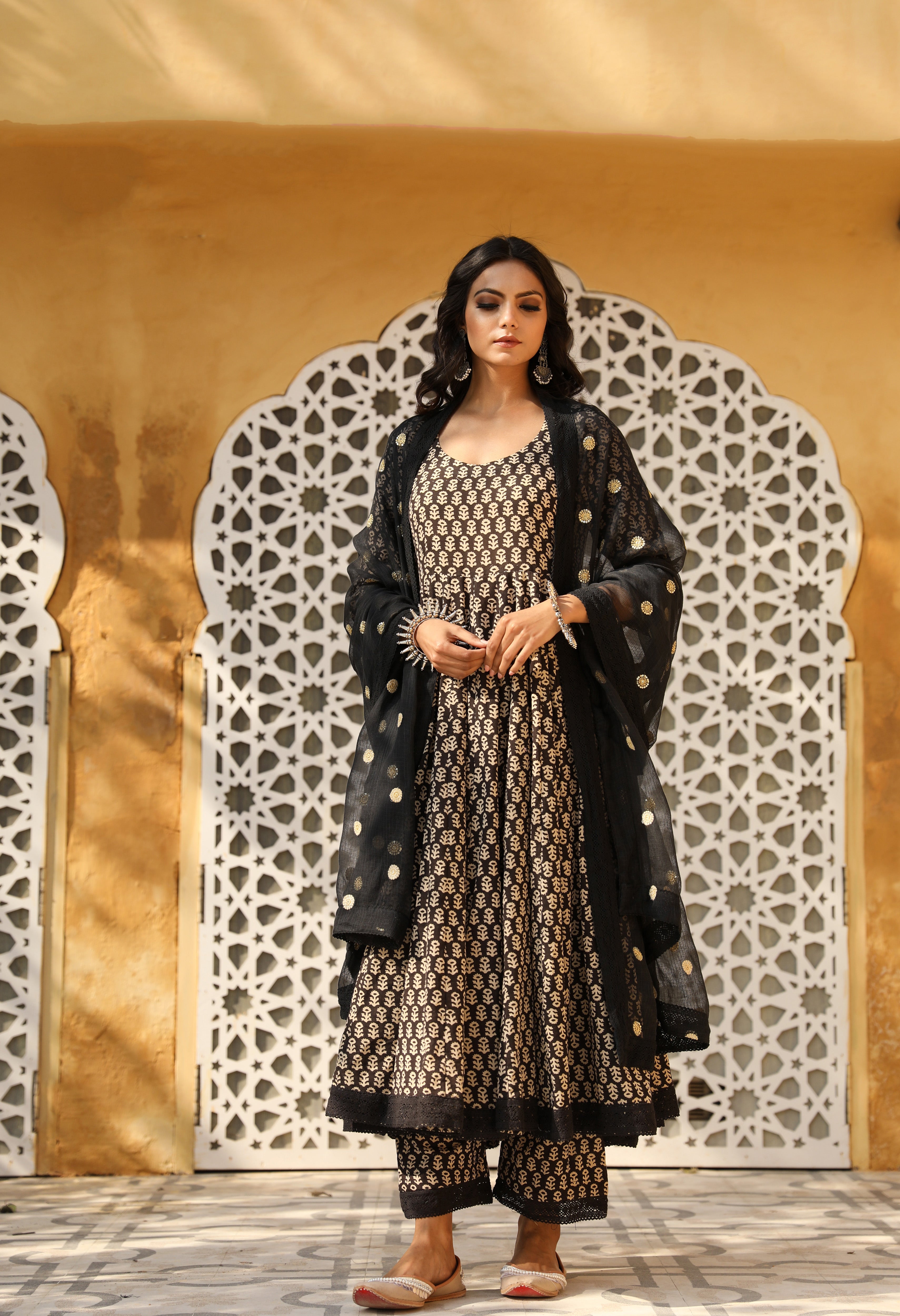 Amruta Black Cotton Anarkali Set With Doriya Dupatta