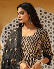 Amruta Black Cotton Anarkali Set With Doriya Dupatta