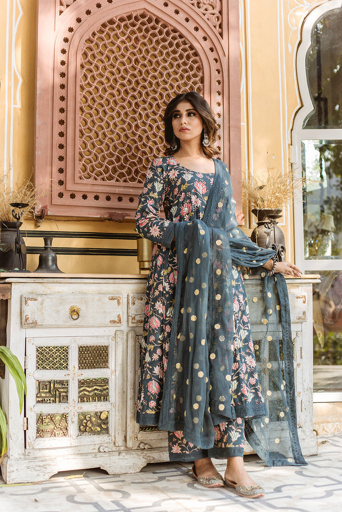 Amruta Green Cotton Anarkali Set With Doriya Dupatta