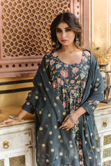 Amruta Green Cotton Anarkali Set With Doriya Dupatta