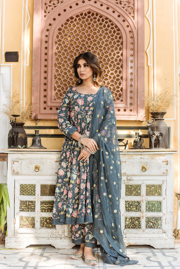 Amruta Green Cotton Anarkali Set With Doriya Dupatta