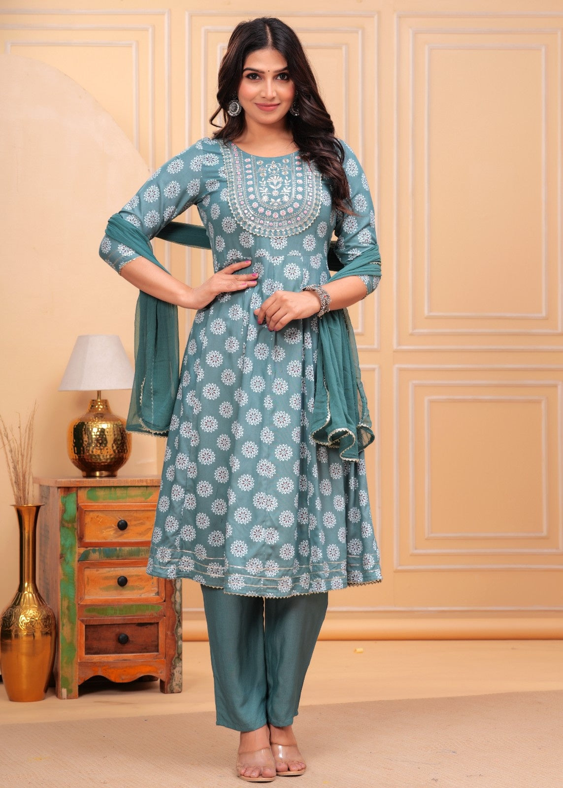 Women Rayon Kurta Pant Dupatta Set Aqua Blue