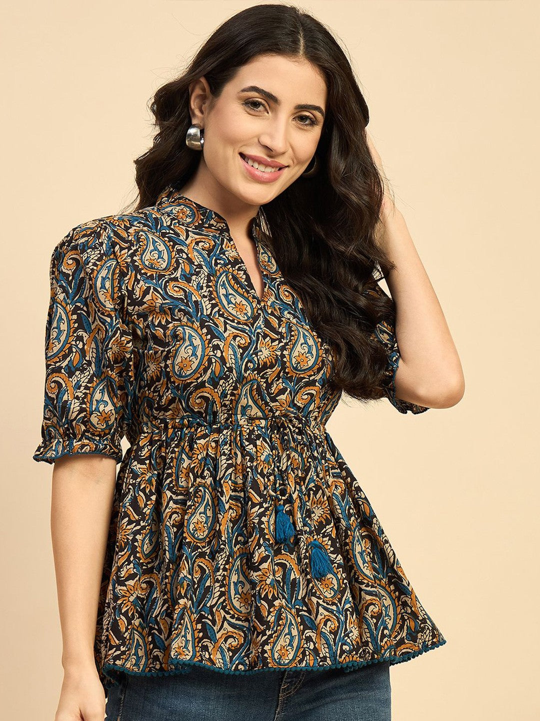 Women Ethnic Printed Mandarin Collar Cotton Top