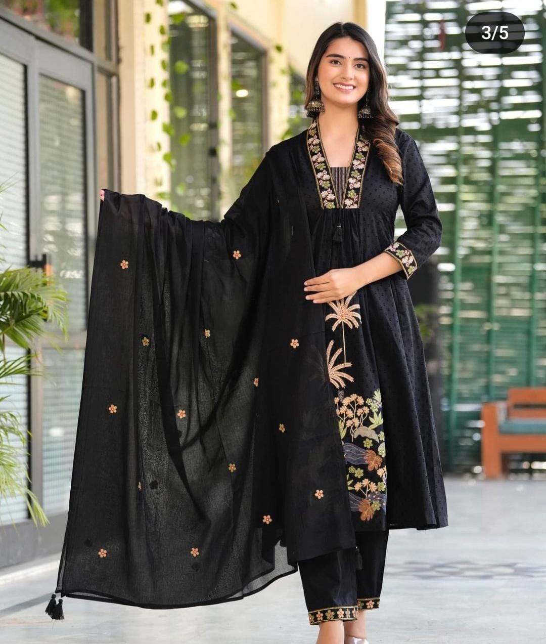 Black Nri Embroidery Cotton Kurta Pant And Dupatta Set for Women