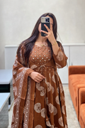 Brown Cotton Printed Anarkali with Attached Jacket Detailing with Pants and Dupatta
