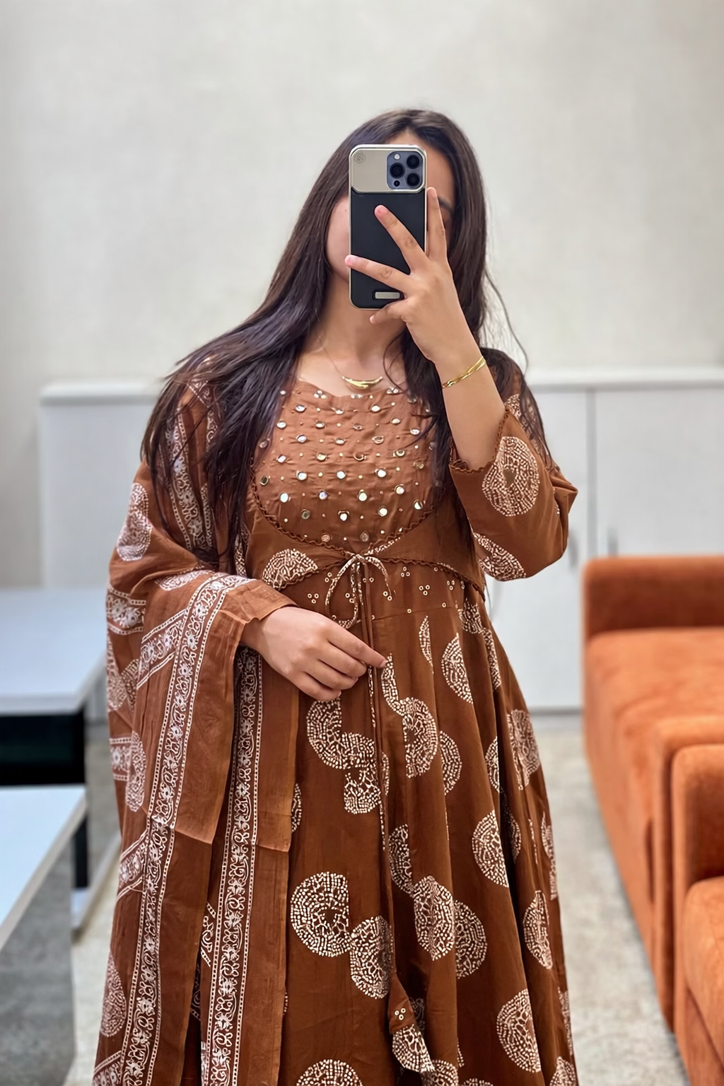 Brown Cotton Printed Anarkali with Attached Jacket Detailing with Pants and Dupatta