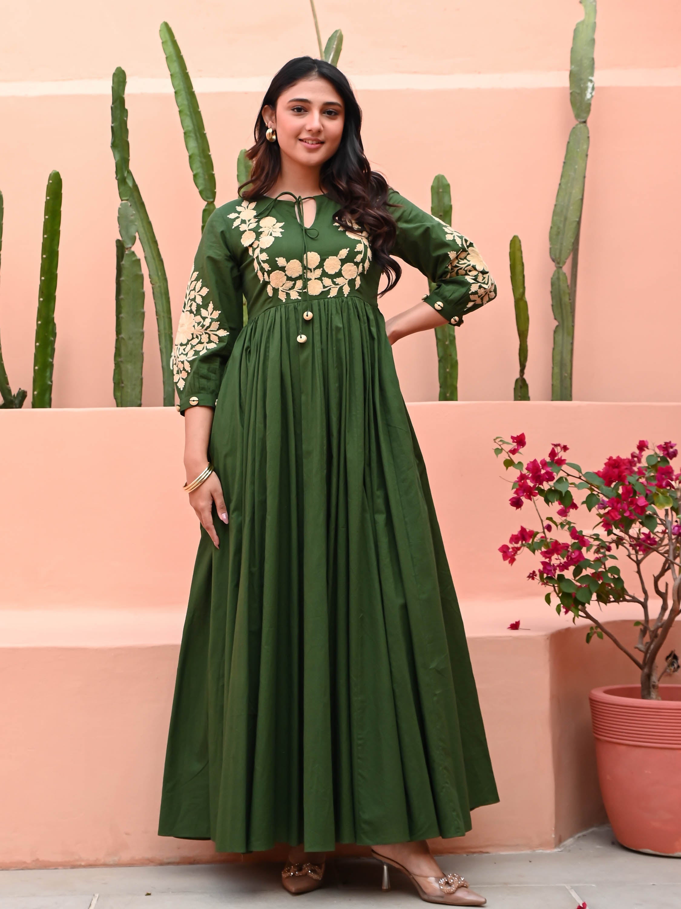 Dark Green Dress with Embroidery