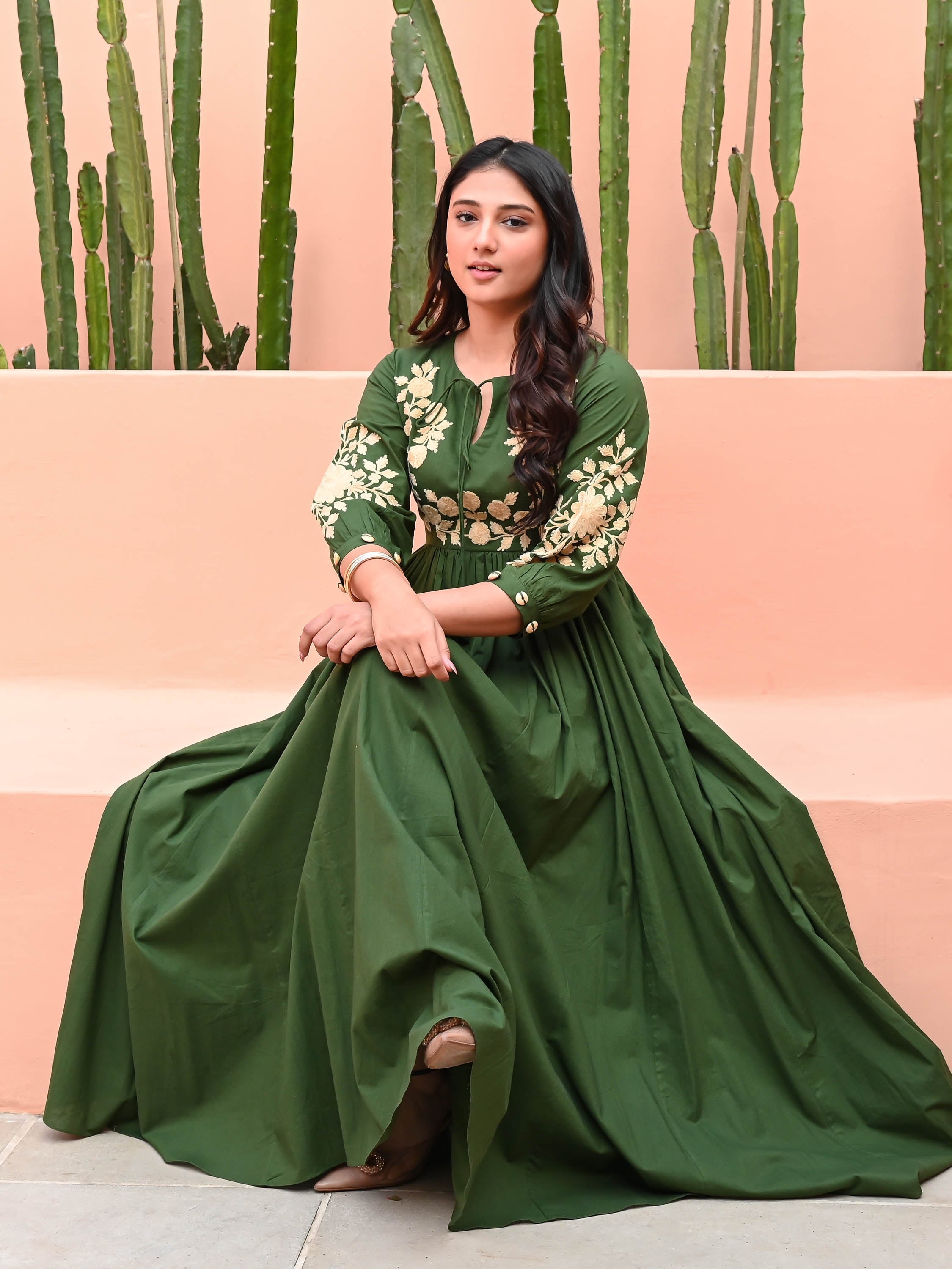 Dark Green Dress with Embroidery