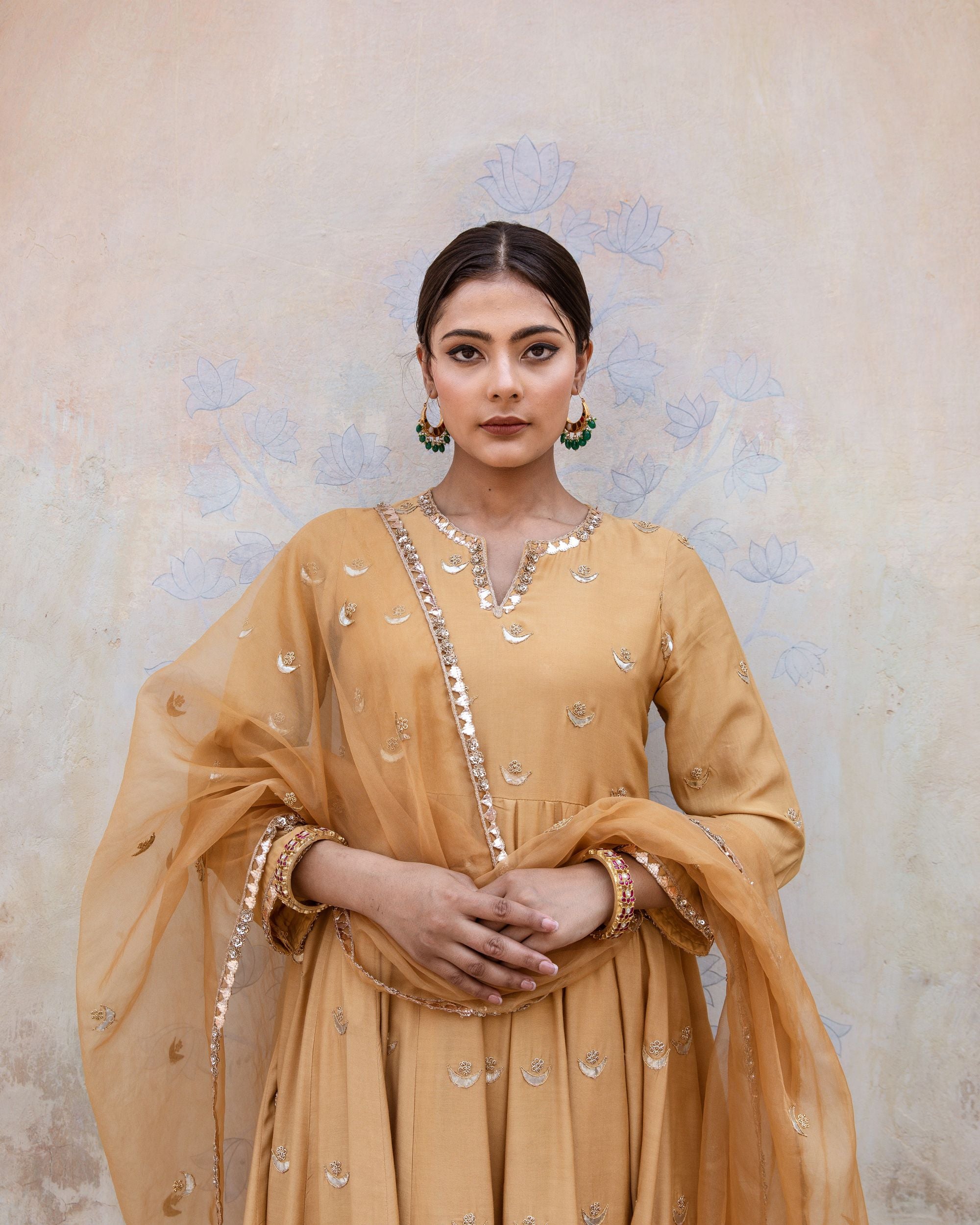 Gold Chand Patti Chandni Beige Muslin Anarkali Set With Organza Dupatta