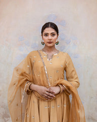 Gold Chand Patti Chandni Beige Muslin Anarkali Set With Organza Dupatta